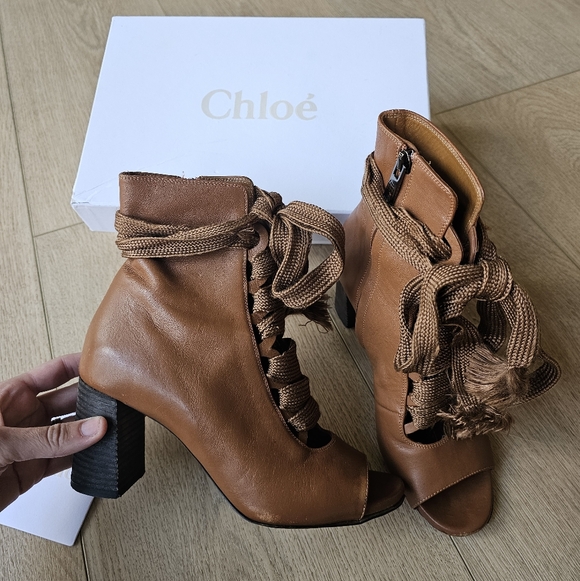 Chloe Shoes - Chloe Coquette Lace Up Cognac Leather Open Toe Booties Size 36